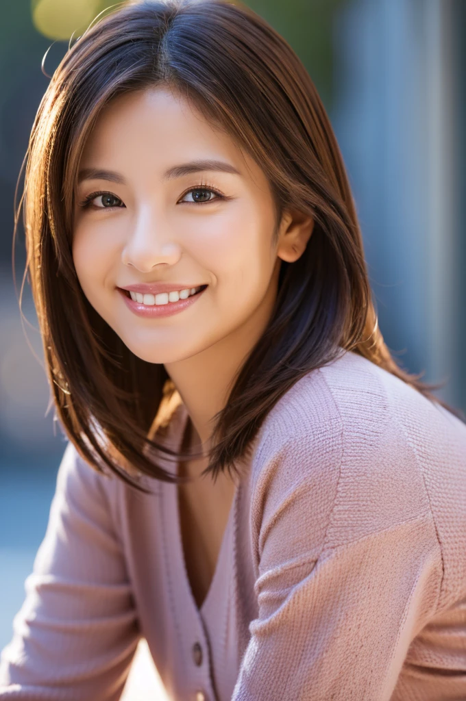 (8K、RAWE Photo、Highest quality、masterpiece:1.2)、(Real、Photorealistic:1.37)、Super detailed、Ultra-high resolution、1 girl、Beautiful detailed face、(Feather Cut: 0.6)、Professional Lighting、The lighting is bright、actress、model、Japanese、Full body、Wide-angle shot、Daytime、bright、 simple background ,Simple Background、Model posing, full body , cowboy shot ,40-year-old woman、Mature Woman、smile、smile、I&#39;m giving it a little、