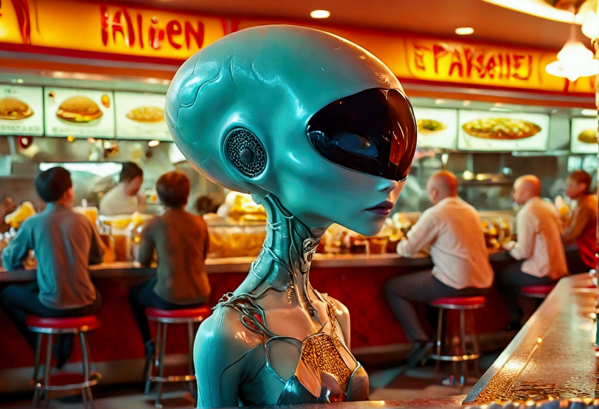 An alien fast food worker (human, age 18, female, shaved head, hypnotized,, minimal clothes, brain parasite), working the counter at an alien restaurant, alien family in line, show her from head to toe
