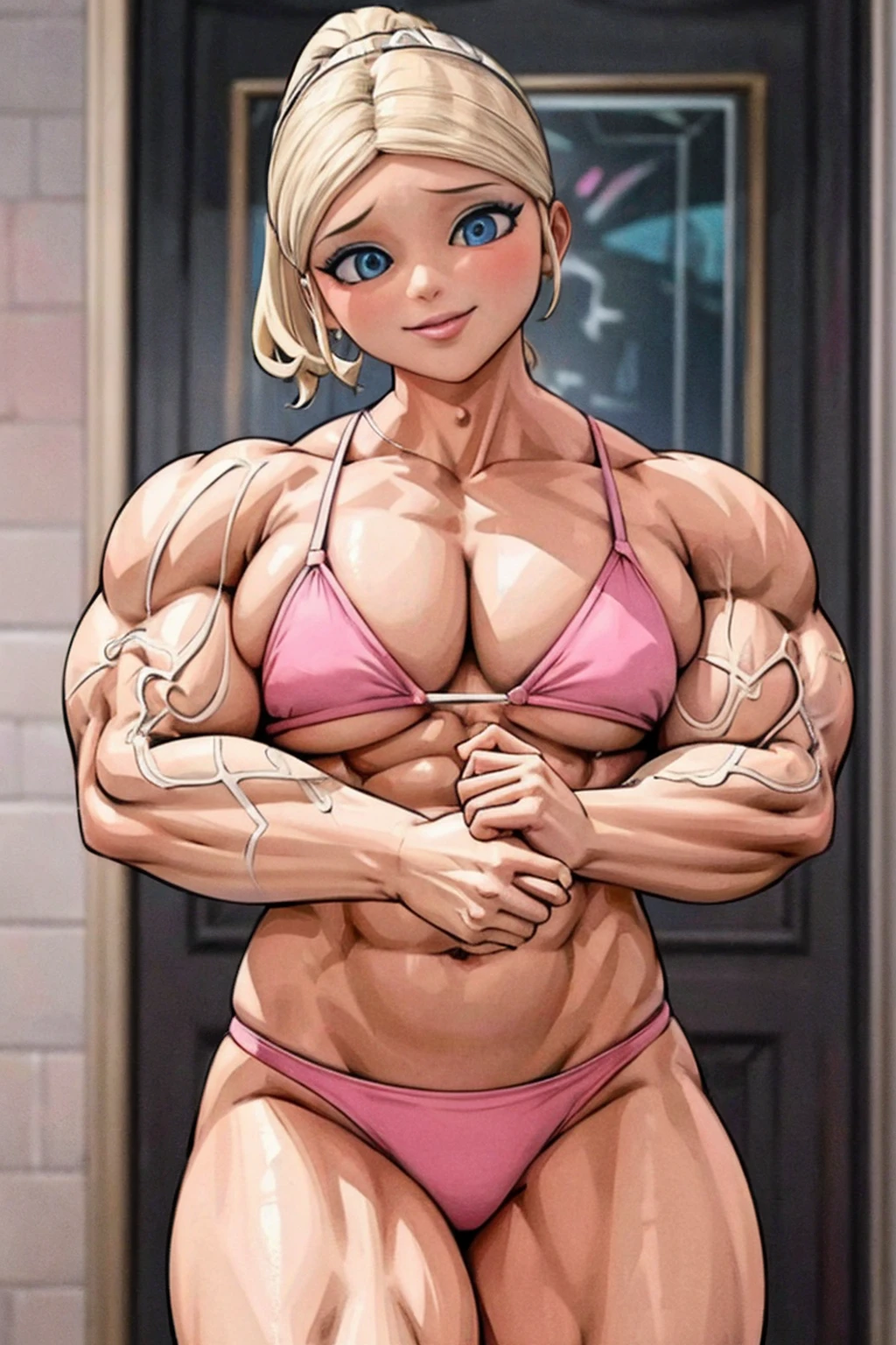 high contrast, (8K UHD:1.2), (photorealistic:1.2),(masterpiece:1.4), (best quality:1.4),extremely detailed wallpaper, highly detailed illustrations, ((1 Girl)) , (super-complex details) official art, unity 8k wallpaper, ultra detailed, beautiful and aesthetic, masterpiece, best quality, ( zentangle, mandala, tangle, entangle), (fractal art:1.3) , masterpiece, , intricate detail,((bulking)),covered body upper body,(body builder:1.7), muscular, bob hair, busty, sexy, curvy, crazy abs, upper , from front angle, raised hand, armpit, looking into camera, masterpiece, best quality, high quality, high definition, high quality texture, high quality shadow, high detail, beautiful detailed, fine detailed, extremely detailed cg, detailed texture, a realistic representation of the face, realistic, colorful , delicate, cinematic light, side light, Lens Flare, Ray Tracing, tailed beautiful delicate face, detailed beautiful delicate eyes, mature female, ((long blonde hair, ponytail , bored, pompadour cut, muscular, toned, navel, ripped abs, thick thighs, broad shoulders, big arm muscles, meaty leg muscles, thick eyelashes, makeup, (((pink bikini))), raise hand's showing her big bicep's with sceary evil smile)) looking at viewer's with full confidence.