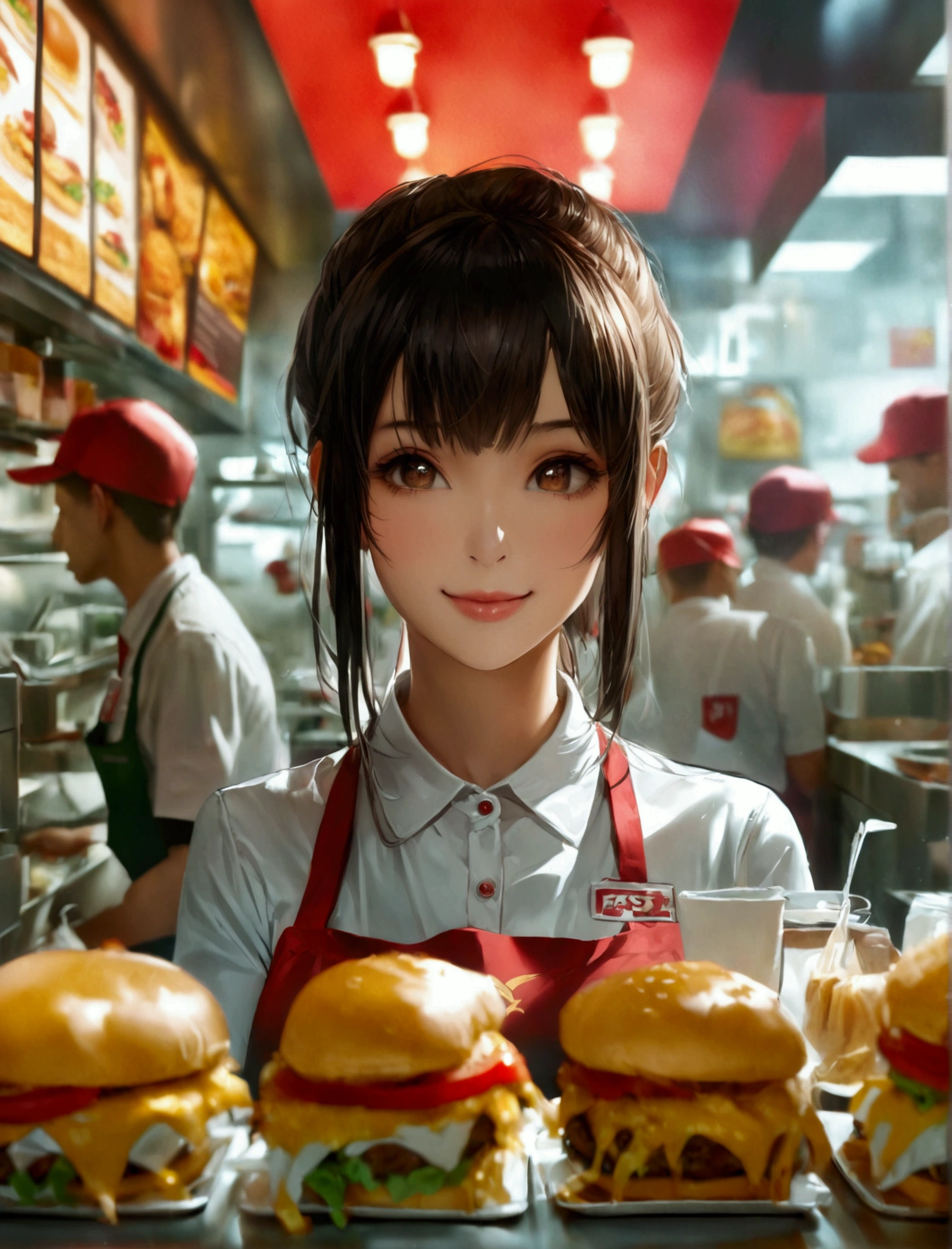 Aphotorealistic, ultra-detailed representation of a dedicated fast food worker serving customers behind the counter in an upper body shot. The individual, showcasing a genuine smile, is skillfully multitasking, handling various orders with precision and attention to detail. Their uniform, emblazoned with the familiar logos of the fast food chain, is worn neatly, and their hands move with dexterity as they assemble meals. The background is a blur of movement, customers lining up to place their orders. The scene is brightly lit, highlighting the worker's focused expression and the intricate mechanisms of the fast food assembly line. The image is shot in 8K UHD, gigantic breasts, giga_busty
