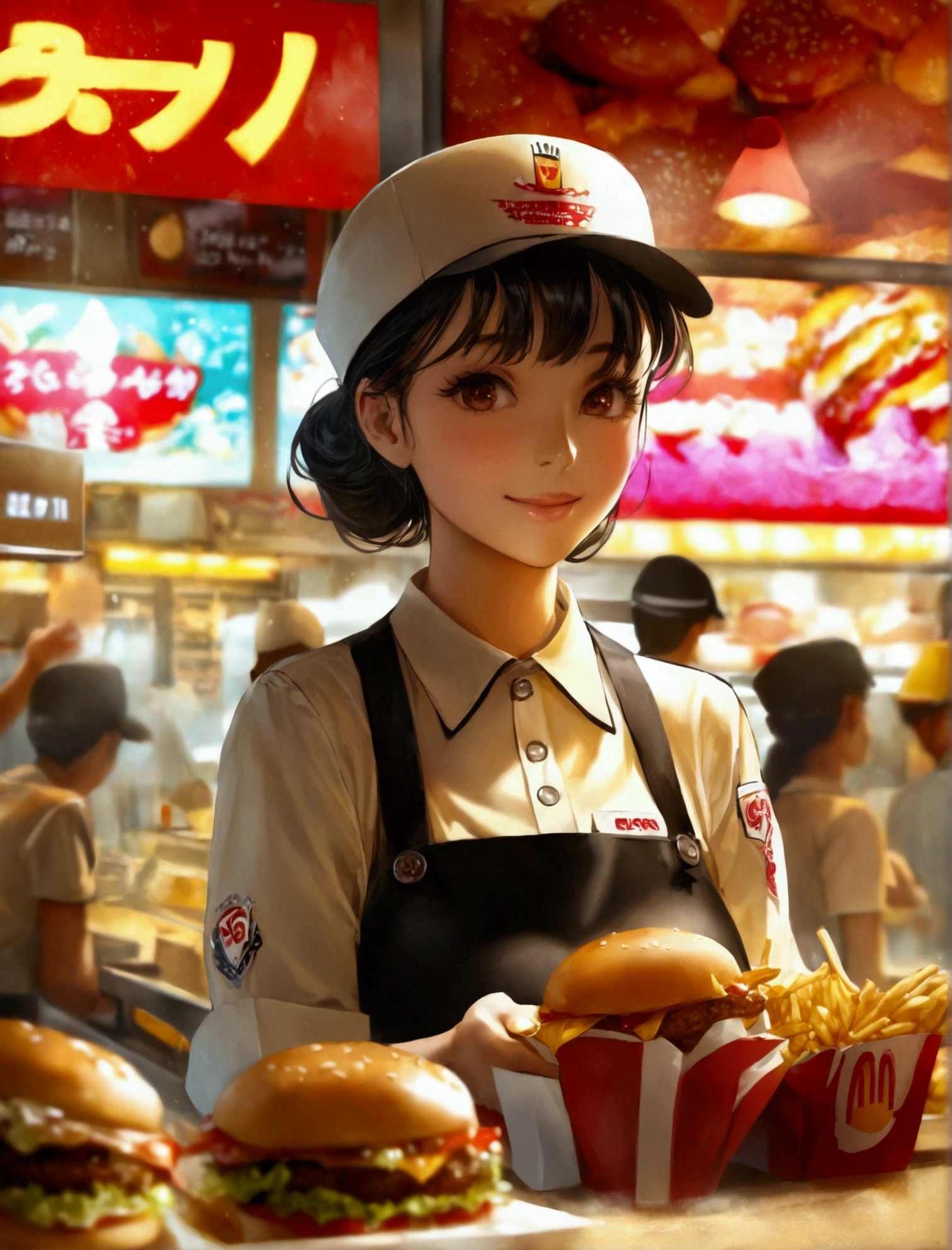Aphotorealistic, ultra-detailed representation of a dedicated fast food worker serving customers behind the counter in an upper body shot. The individual, showcasing a genuine smile, is skillfully multitasking, handling various orders with precision and attention to detail. Their uniform, emblazoned with the familiar logos of the fast food chain, is worn neatly, and their hands move with dexterity as they assemble meals. The background is a blur of movement, customers lining up to place their orders. The scene is brightly lit, highlighting the worker's focused expression and the intricate mechanisms of the fast food assembly line. The image is shot in 8K UHD, gigantic breasts, giga_busty