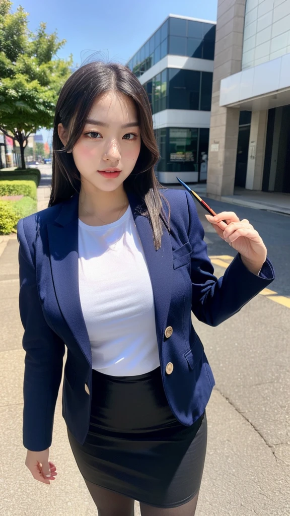 (masutepiece,High quality,16k:1.1),(depth of fields:1.3) ,((front body:1.35)),Japanese ,Woman, ((business suit with dark blue jacket and black pencil skirt)), white shirt, tights,huge breasts, voluptuous, thicc, curvy,(Looking at Viewer:1.3),(full body shot:1.2),(Beautiful Morning view of town:1.2),