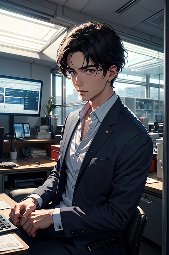 A handsome man in his 20s wearing a crisp gray business suit is inside his office during the day, looking distressed and perplexed as if he has been asked to do something unreasonable. He has a clean-cut, neatly styled short hairstyle. He is holding his forehead with one hand. The background features a modern office setting with desks and office equipment visible, and bright sunlight streaming through the windows.