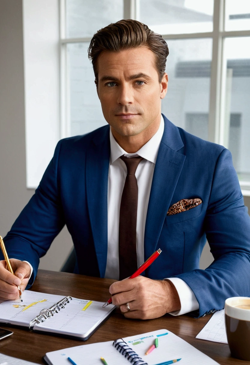 Create a realistic, detailed portrait of a handsome man creating a schedule. The man should be seated at a modern desk in a well-lit office environment. He has a confident and focused expression on his face, with eyes that convey determination and clarity. The man is dressed in professional attire, such as a tailored suit or smart casual wear, and has well-groomed hair. He is holding a pen in one hand and writing in a planner or notebook on the desk. The desk is organized and includes elements such as a laptop, a cup of coffee, and a few office supplies. The background features a whiteboard with diagrams and notes, and large windows that let in natural light, creating a bright and productive atmosphere. The lighting is natural and highlights the man's attractive features, emphasizing his dedication to organizing his schedule.