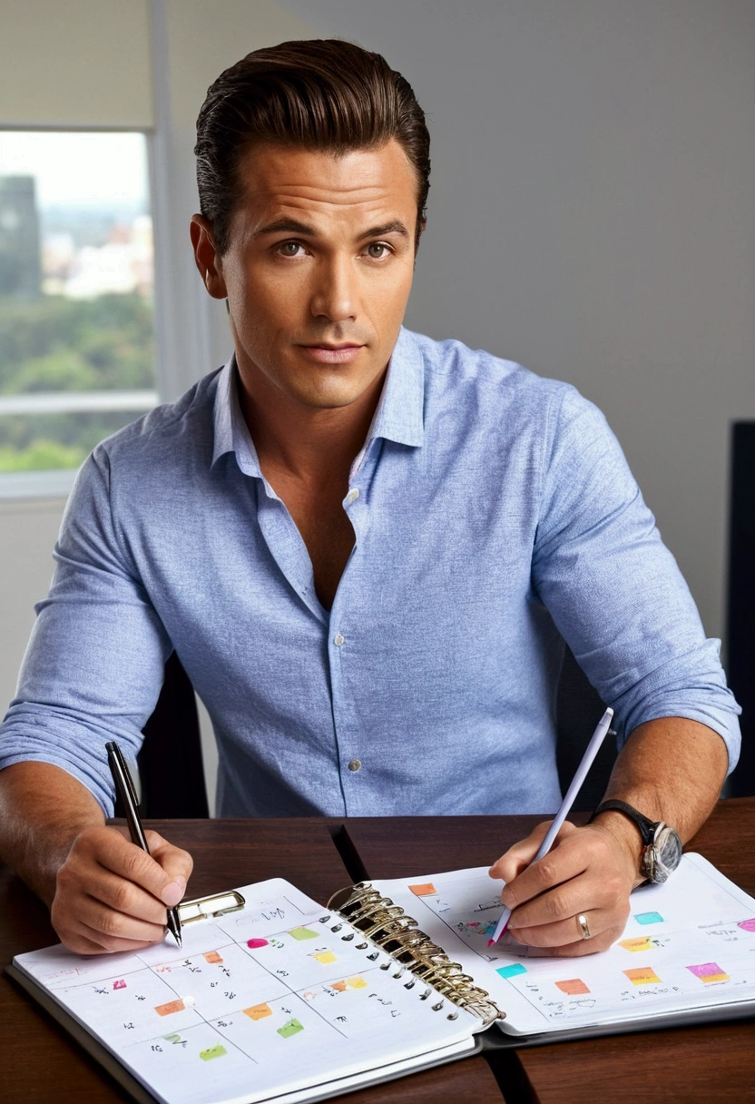 Create a realistic, detailed portrait of a handsome man creating a schedule. The man should be seated at a modern desk in a well-lit office environment. He has a confident and focused expression on his face, with eyes that convey determination and clarity. The man is dressed in professional attire, such as a tailored suit or smart casual wear, and has well-groomed hair. He is holding a pen in one hand and writing in a planner or notebook on the desk. The desk is organized and includes elements such as a laptop, a cup of coffee, and a few office supplies. The background features a whiteboard with diagrams and notes, and large windows that let in natural light, creating a bright and productive atmosphere. The lighting is natural and highlights the man's attractive features, emphasizing his dedication to organizing his schedule.