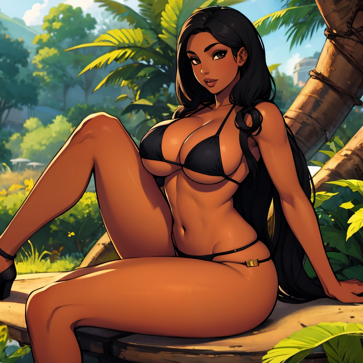 1 girl, dark skin, long hair, black hair, pelo largo,pelo negro, black eyes, ojos negros, bikini, micro bikini. hig heels, breasts, huge breats, jungle, jungla, s4r4hb4nks