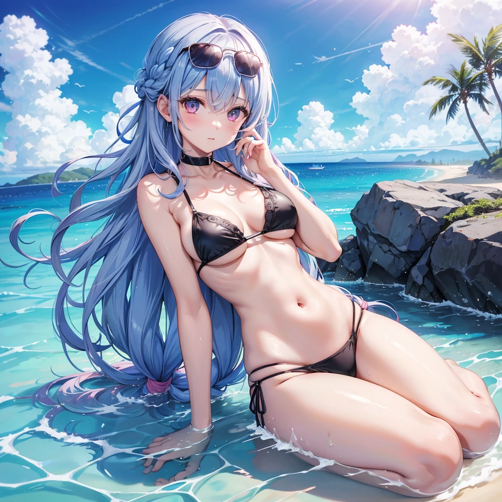 (Sky blue medium hair),(Braided hair tied together)、Pink eyes、Fair skin、(whole body)、(One Girl)、Black Bikini、Dolce & Gabbana sunglasses on head、Shining white sand beach in midsummer、Okinawa's ocean、A happy smile、、(masterpiece、Highest quality、Very detailed、Best Shadow)、(Detailed Background)、(Beautifully detailed face)、High contrast、(Best lighting、Very delicate and beautiful)、((Cinematic Light))、colorful、Hyper Detail、Dramatic Light、Exquisite detail、Standing with your legs apart