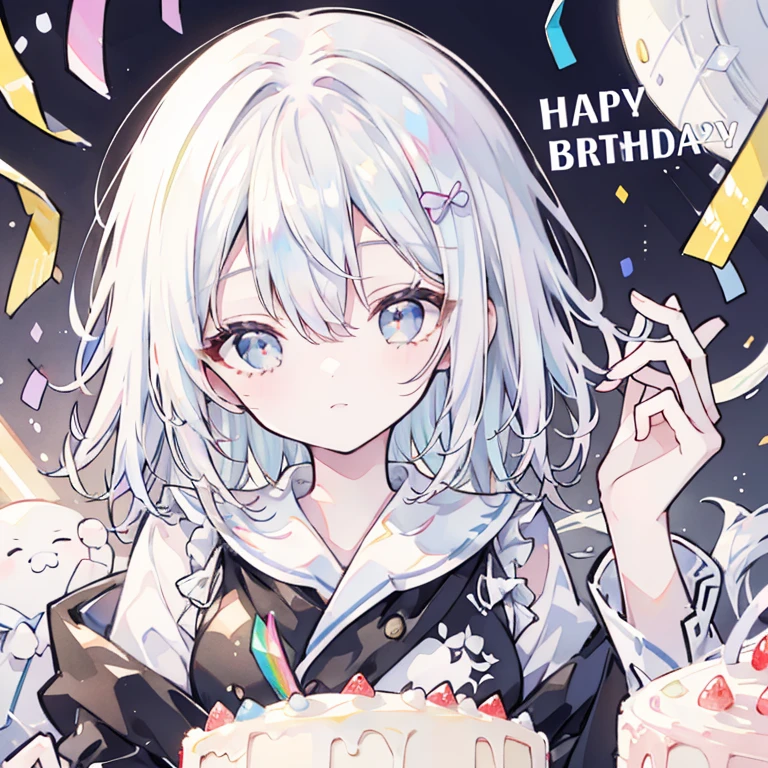 short hair,White hair,rainbow colors inner hair、Illustration where the pupil does not overlap the lower lash line, The lower half of the eye is white, vacant eyes, rainbow colors eyes, Cake in front of you、birthday、cracker