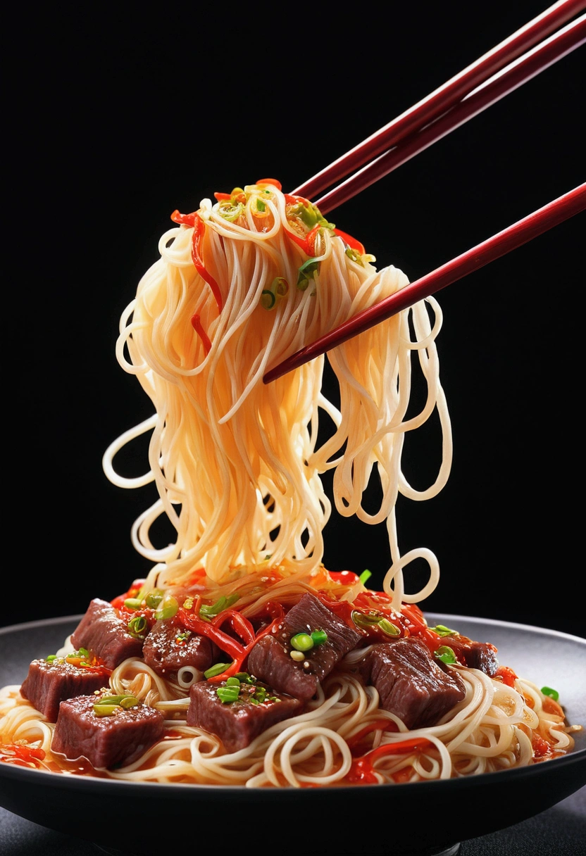 Delicious and tempting Chinese rice noodles，Blank background with beef inside,A lot of pepper and red oil. Chopsticks pick up rice noodles，Presented in the style of a colorful animated still, sci fi anime, Dark red and dark amber, Qian Xuan, organic sculpting, Accurate and detailed, Animation Core ,32k UHD, best quality, masterpiece, Super Detail, High Detail