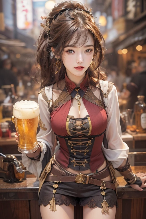 (masterpiece:1.3), (8K, Realistic, RAW Photos, Best image quality: 1.4), Japanese 、18-year-old,(Random Hairstyles:1.2)、Cleavage:1.2、Highly detailed face、Attention to detail、double eyelid、Chest to chest、Sharp focus:1.2、Beautiful woman:1.4、Light brown hair、Highest quality、masterpiece、Ultra-high resolution、(Realistic:1.4)、Highly detailed and professionally lit smiles、Loose fitting steampunk outfit、Shoulder out、thin、Serious expression、drinking beer at bar