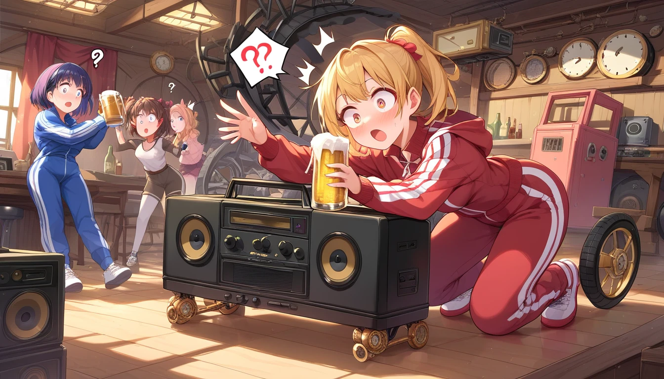 ((2girls:1.3)), ((tracksuit:1.3)), ((boombox:1.3)), ((cartwheel:1.3)), ((steampunk:1.3)), ((full body:1.3)), ((surprised face:1.3)), ((question mark:1.3)), ((beer bottle:1.3)), ((drinking:1.3)), ((moe style:1.3)), ((perfect face)), ((extremely cute:1.3)), ((masterpiece:1.3)), ((8k)), ((best quality:1.3)), ((beautiful)), ((extremely detailed:1.3)) , ((absurdres)), AddXL, ((score_9:1.3)), ((score_8_up:1.3)), ((score_7_up:1.3)), Expressiveh 