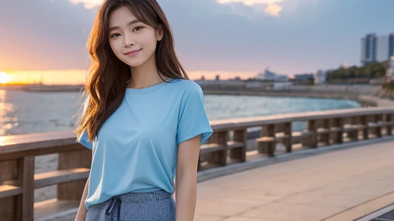 Produce the highest quality and highest resolution 8K images。Draw a 20-year-old Japan woman。Please draw a picture of a person walking along a seaside promenade at sunset.。She has brown eyes and a model figure.、She has an idol-level cute face.。The hair is wavy。Looking at you with a smile。What to wear、Light blue short sleeve T-shirt and pants。Skin has a healthy color。