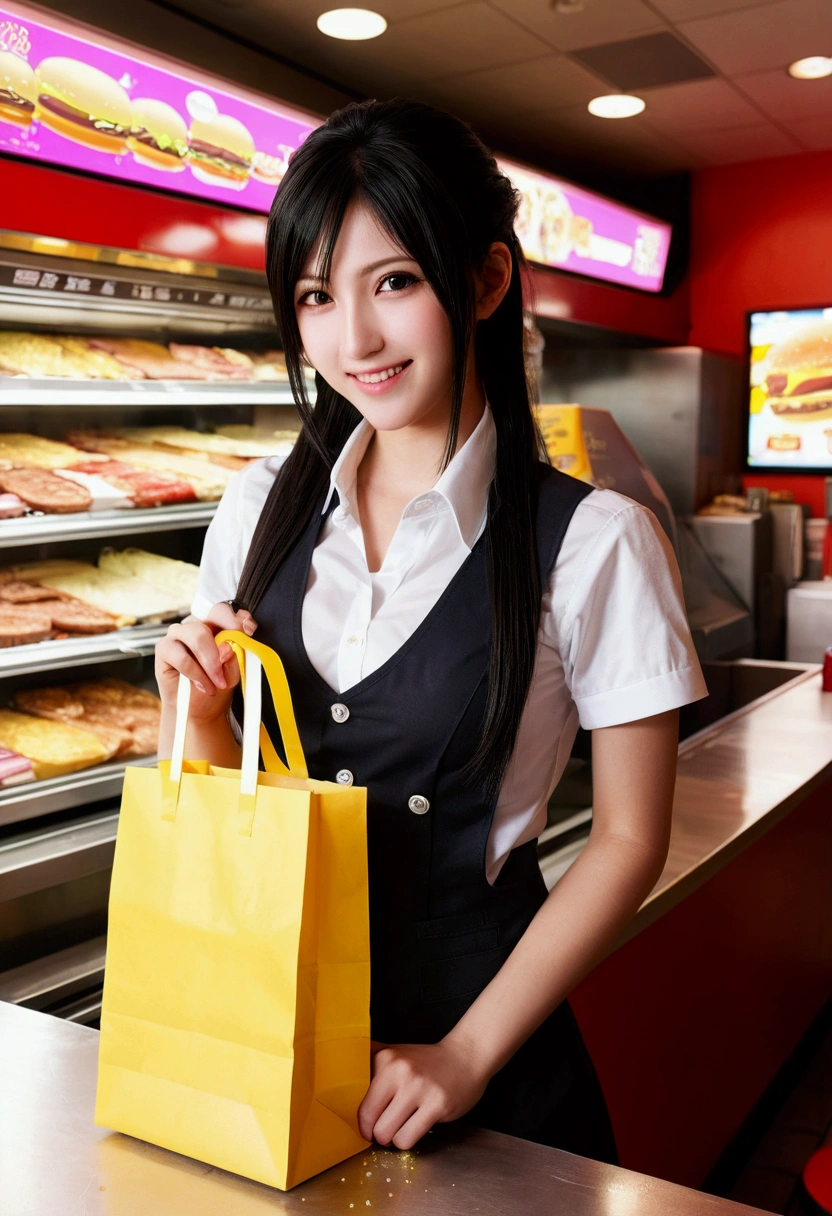 Highest quality, Super quality, 16K, Incredibly absurd, Very detailed, delicate and dynamic, SFW, Natural light, , Diffuse reflection of light, Vortex of Light, In-store pop, , Fast food restaurants, McDonald, hamburger, Sparkling, Create amazing image effects, cash register, Upper body close-up, (cute sexy girl, bouncing busts, sexy long legs, hamburgerショップの店員, Sensual expression, fine, Active, smile, cash registerで接客, paper bag, Busy, , black long hair, hamburgerショップのUniform, Store clerk uniform, hamburgerショップ店員の帽子をかぶる, Tifa Lockhart Final Fantasy VII )