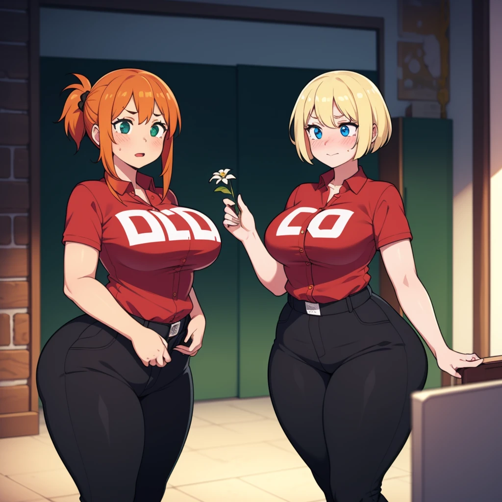 ((highres)), Masterpiece, high quality, best quality, beautiful, perfect lighting, detailed face, ultra cute face, ((2girls)), ((blush)), one girl has blonde hair, blue eyes, red shirt, black pants, work uniform, one girl has orange hair, green eyes, red shirt, black pants, work uniform ,tight clothes, super market, medium breasts, perky breasts, wide hips, (thick thighs), chubby, standing next to each other, 