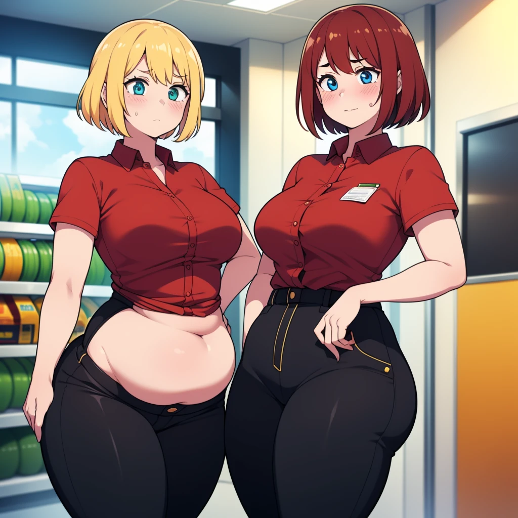 ((highres)), Masterpiece, high quality, best quality, beautiful, perfect lighting, detailed face, ultra cute face, ((2girls)), ((blush)), one girl has blonde hair, blue eyes, red shirt, black pants, work uniform, one girl has orange hair, green eyes, red shirt, black pants, work uniform ,tight clothes, super market, medium breasts, perky breasts, wide hips, (thick thighs), chubby, standing next to each other, 