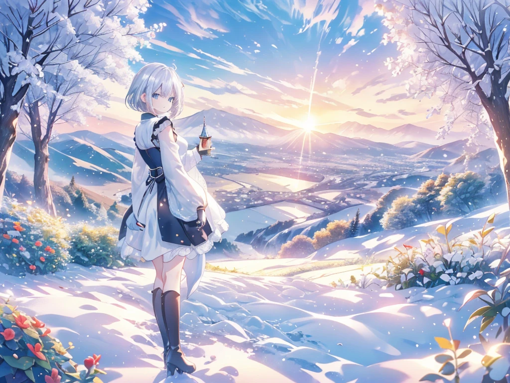 Illustration of one person, Dengeki Bunko, Woman Looking Back, Perfect Human Medicine, Woman keeps falling, {{{{{Maid clothes}}}}},Small Tits,anime, Two legs, Cool,{{{{{50 year old woman}}}}} ,{{{{{a person is depicted}}}}},(Official Art、{{{{{Upper Bodyアングル}}}}},Highest quality、Unity 8k wallpaper、32k、masterpiece、Ultra-detailed、Ultra-high resolution, Realistic、Grab your hair with your hands, Photorealistic:1.2)、(Cinema Lighting:1.2)、,Fire Glow Effect、The most grainy shadows on the film、Rim Light、Side light、Side Shot、(Ultra-detailedで複雑な3Dレンダリング)、Very short hair, Short wolf hair,細部までBeautiful Faceと目、Sharp pupils、Realistic生徒、Slender、Highly detailed background、Beautiful Face、Beautiful 16 year old girl、(Ultra-detailedなスキン、Detailed skin texture:1.Silver Hair:1.3)、Blunt bangs、blue eyes、{{{{{黒いMaid clothes}}}}}、White apron costume、Black knee socks、(Thighs Thighs Thighs Thighs:0.8)、Black Bhutanese sticks and a beautiful sunset、Medieval castle、Dancing on the Tower Roof、(avert your eyes、Overlooking the city:1.3)、Fantastic、Close your mouth and bite, Makes your face smaller, (Tabletop), Highest quality, Perfect Face, 1 Girl, alone, Eye color is light blue, Hair between the eyes, Very Short Hair, blue eyes, Silver Hair, Knee-high boots, corset,Black gloves, Long sleeve, Upper Body, Light and multiple flying birds,