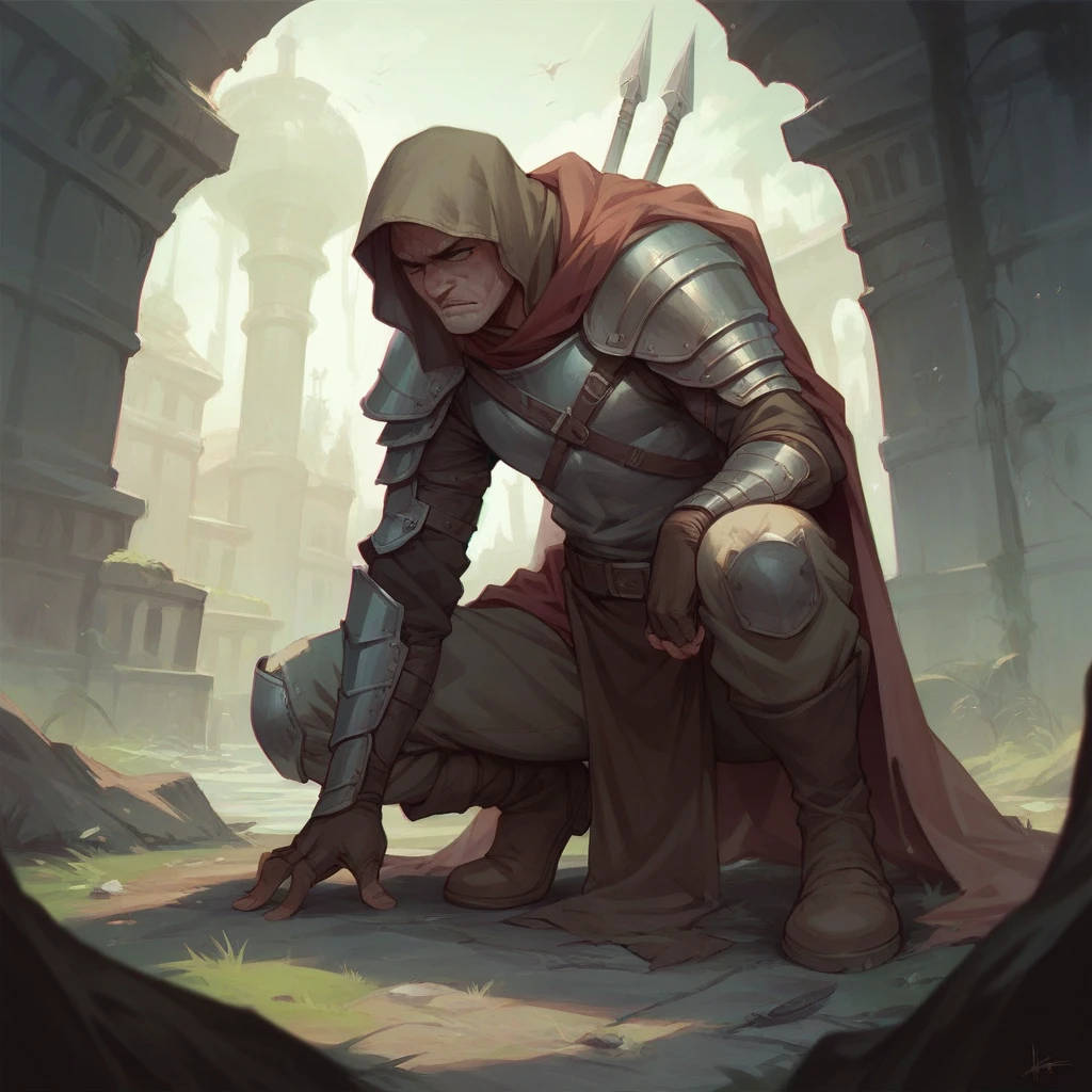 Create a defeated warrior on his knees in a realistic battle