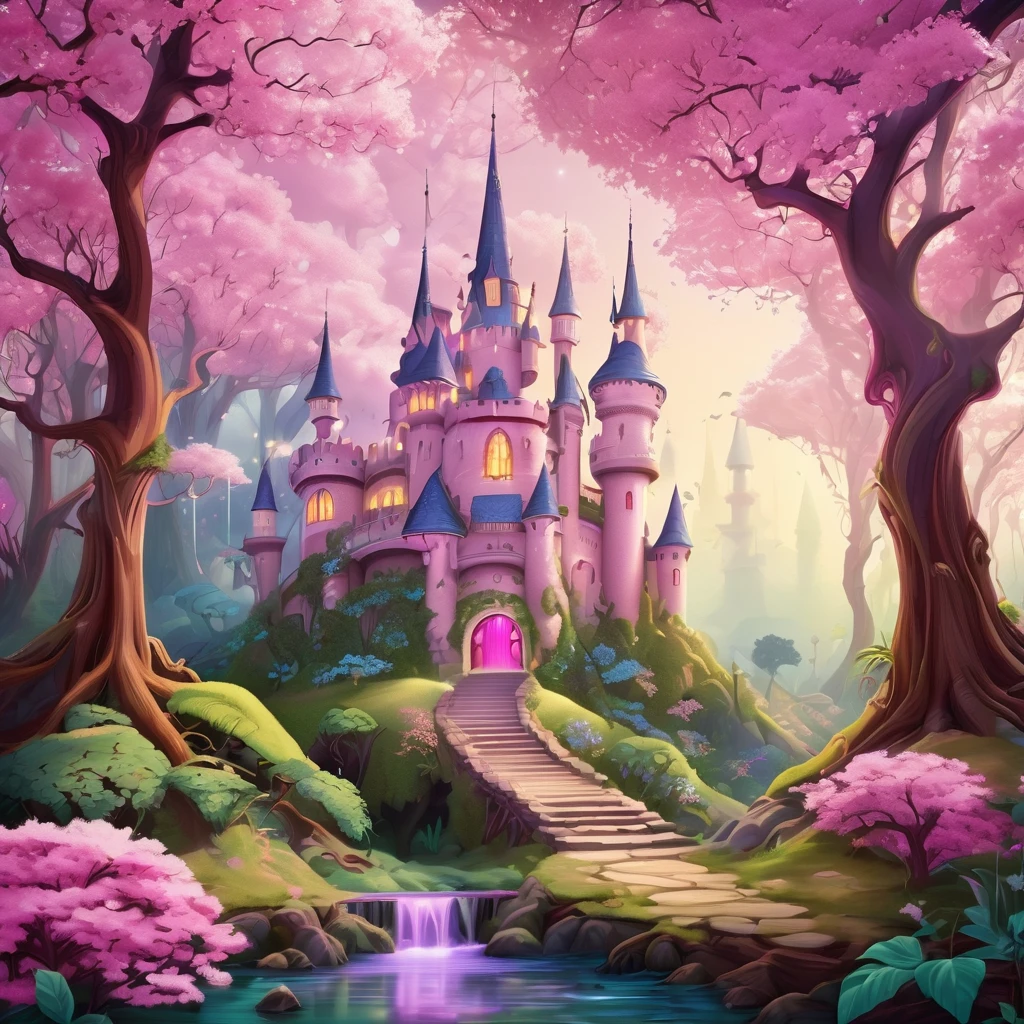 Cartoon illustration of a fairy tale castle in the woods, enchanted Magical Fantasy Jungle, Fairy tale style background, Fairytale Forest, Enchanted Forest, Fantasy fairy tale, fairytale place, Cherry Blossom Forest, in a whimsical Fairytale Forest, Pink Forest, Magical Fantasy Jungle, background technology, magic Fairy Forest, Fairy Forest, Enchanted Forest背景, Fairytale Forest