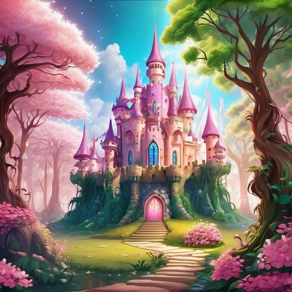 Cartoon illustration of a fairy tale castle in the woods, enchanted Magical Fantasy Jungle, Fairy tale style background, Fairytale Forest, Enchanted Forest, Fantasy fairy tale, fairytale place, Cherry Blossom Forest, in a whimsical Fairytale Forest, Pink Forest, Magical Fantasy Jungle, background technology, magic Fairy Forest, Fairy Forest, Enchanted Forest背景, Fairytale Forest