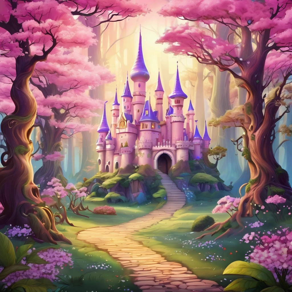 Cartoon illustration of a fairy tale castle in the woods, enchanted Magical Fantasy Jungle, Fairy tale style background, Fairytale Forest, Enchanted Forest, Fantasy fairy tale, fairytale place, Cherry Blossom Forest, in a whimsical Fairytale Forest, Pink Forest, Magical Fantasy Jungle, background technology, magic Fairy Forest, Fairy Forest, Enchanted Forest背景, Fairytale Forest