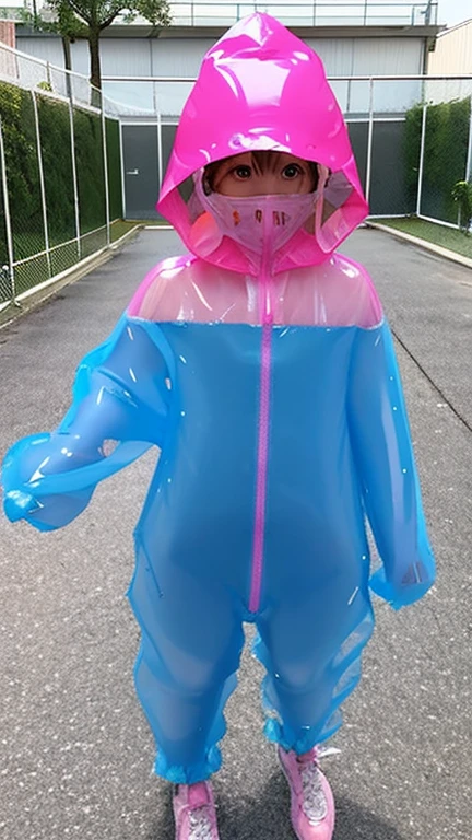 live-action　female er　Pink rubber suit　Gloss　　　Enamel Slime　Transparent rain gear　Escape from a mysterious giant maze　Being forced to change into a rubber suit in a large space　Highest quality