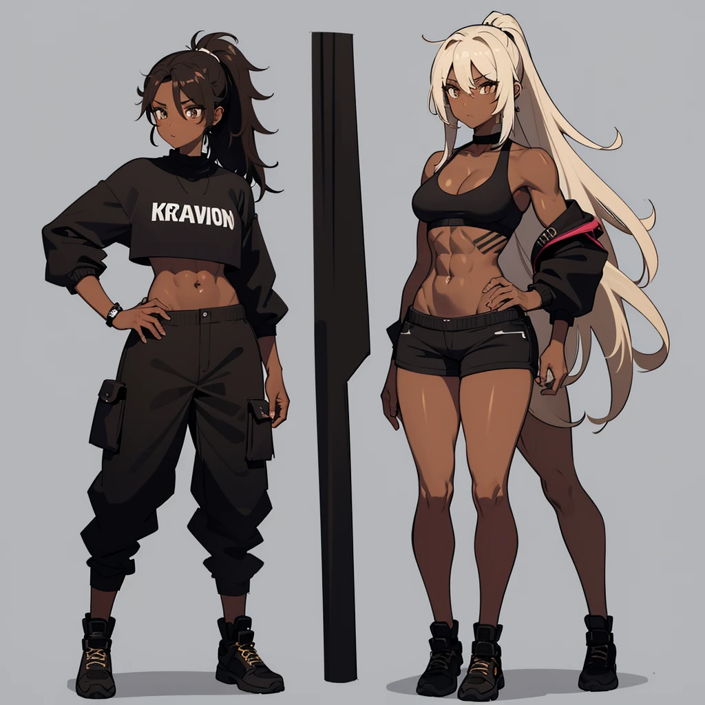 African brown female, brown long messy hair put into a pony tail, brown hunter eyes, black crop top, black shorts, black wrapped hands, toned muscular body, black wrapped, tall, mature, full body design