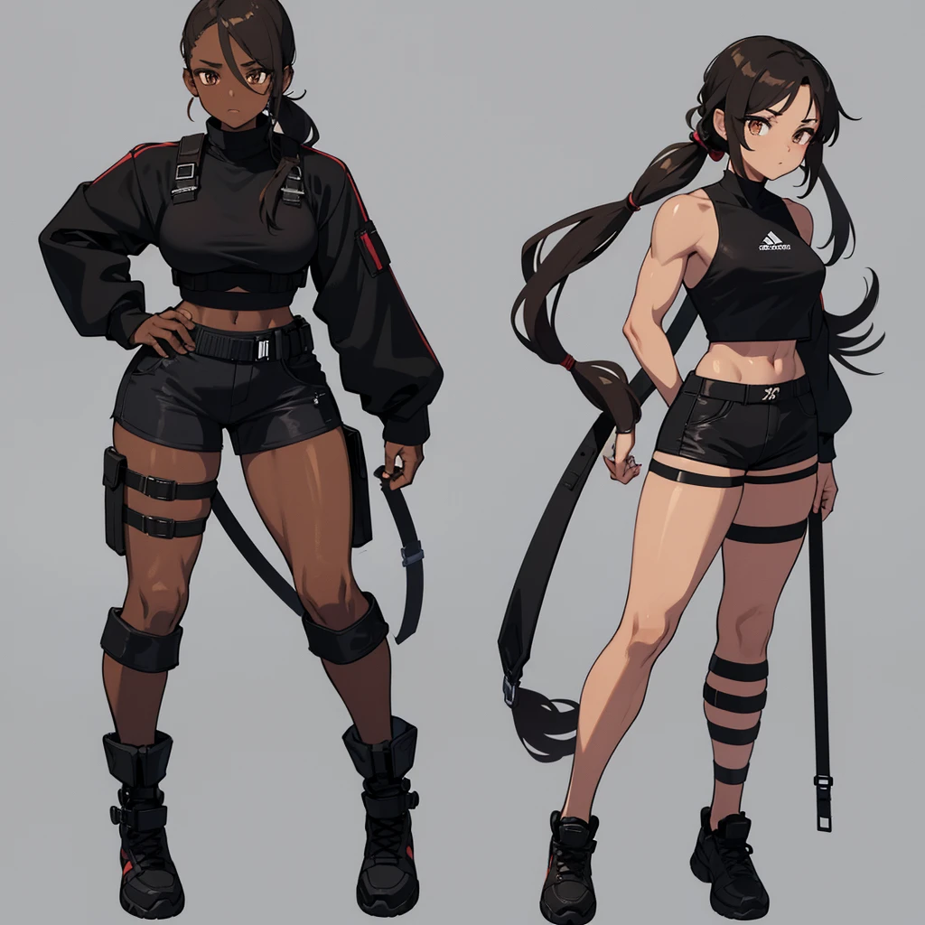 African brown female, brown long messy hair put into a pony tail, brown hunter eyes, black crop top, black shorts, black wrapped hands, toned muscular body, black wrapped, tall, mature, full body design