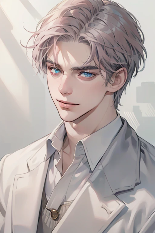 masterpiece, best quality, realistic, 1man, mature male, quiet and charming young man, 35 year old, serious look, closed mouth, portrait, extremely detailed face, cold smile, expression smile in love, ((blue eyes)), ((short-right-swept gray pink hair)), [thick eyebrows], ((suit)), handsome, full body, western, Jewish, light brown skin,
