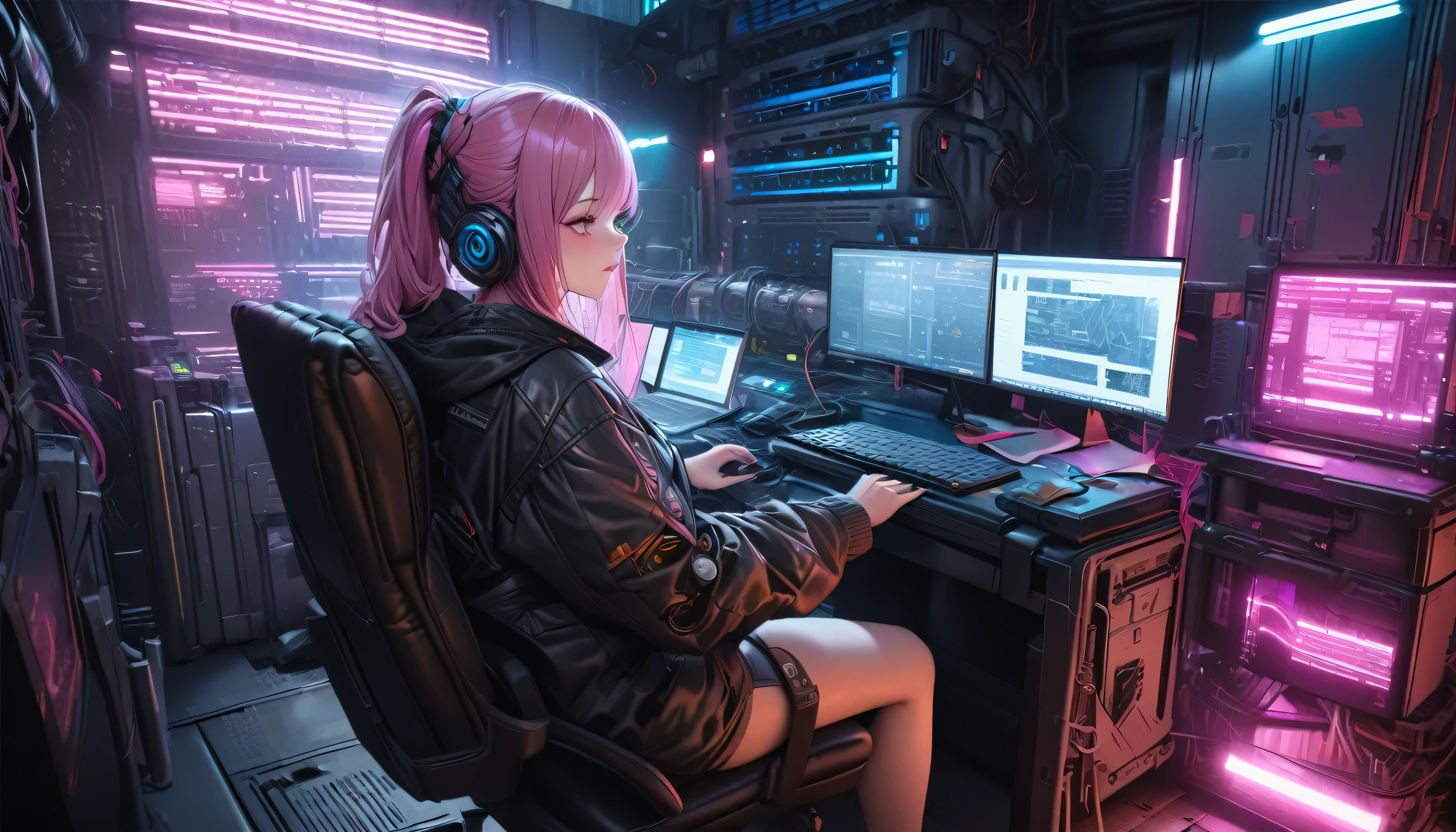(best quality, masterpiece, ultra detailed, ultra high res, photorealistic, raw photo, absolutely resolution), Cyberpunk, 20 year old woman, sitting on a chair and working on a computer, mechanical room, neon, blue and pink