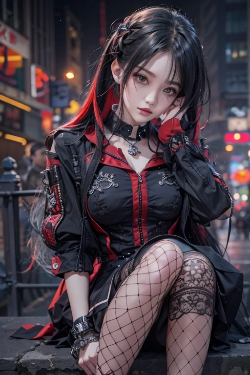 Highest quality、、masterpiece：1.3、Gothic Punk、red inside、Gray Black Hair、hair ornaments、beautiful girl、creative、Punk Shirt、Neogoth、Goth Fashion：1.2、High resolution、masterpiece、Highest quality、頭w:1.3、((Hasselblad Photos))、Fine skin、Sharp focus、(Cinema Lighting)、Explore Tokyo&#39;The city at night beyond the neon lights, Forehead open, 29-year-old、Petting&#39;Hair back、Shoulder Bare、Small red rose tattoo on the décolletage