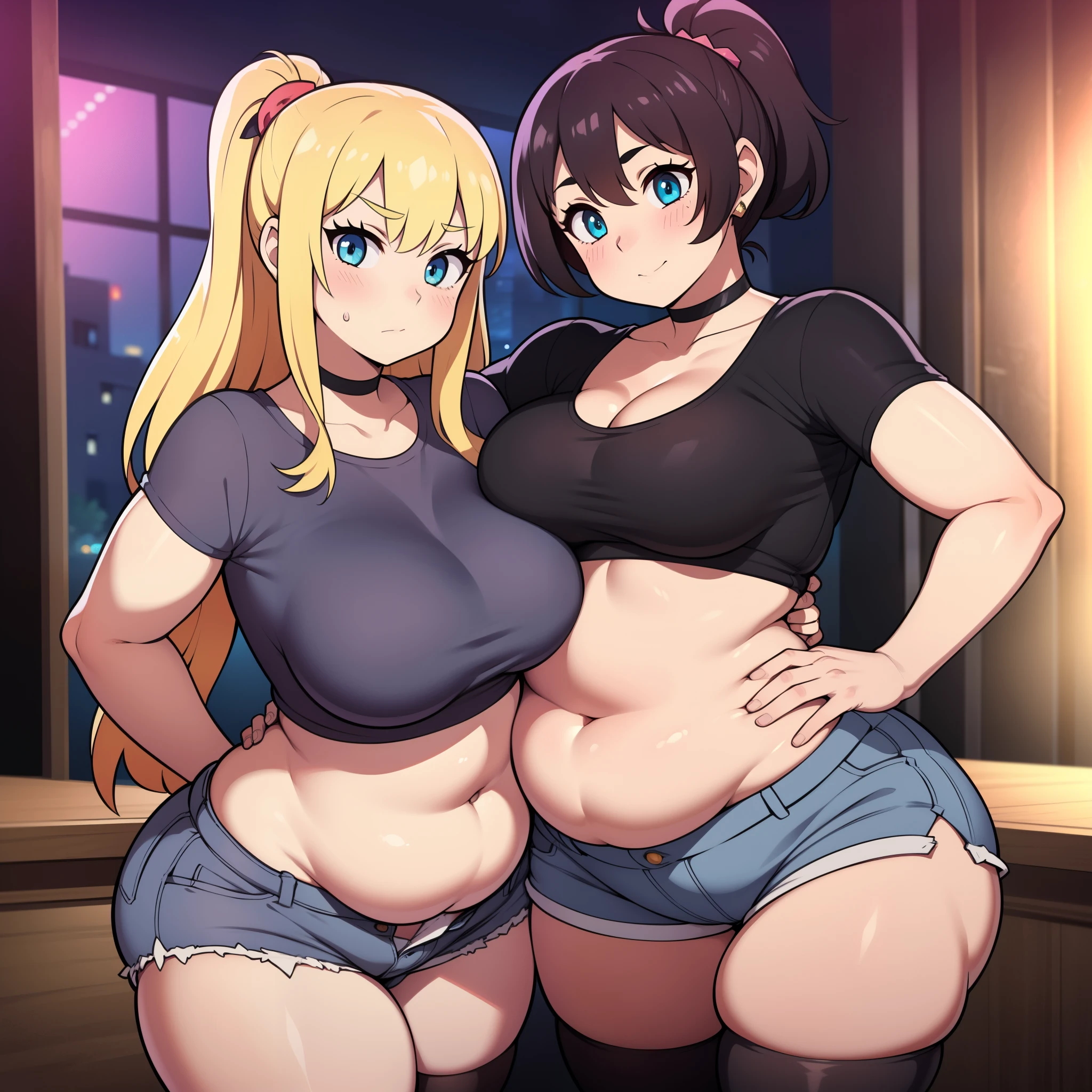 ((highres)), Masterpiece, high quality, best quality, beautiful, perfect lighting, detailed face, ultra cute face, full body, ((2girls)), hugging, ((belly grab)), blush, one girl has blonde hair, blue eyes, black crop top and shorts, choker, thigh highs, one girl has brown hair, green eyes, night club, cleavage, medium breasts, ((wide hips)), (thick thighs), ((plump)), chubby belly, belly grab, fat folds, standing next to each other,