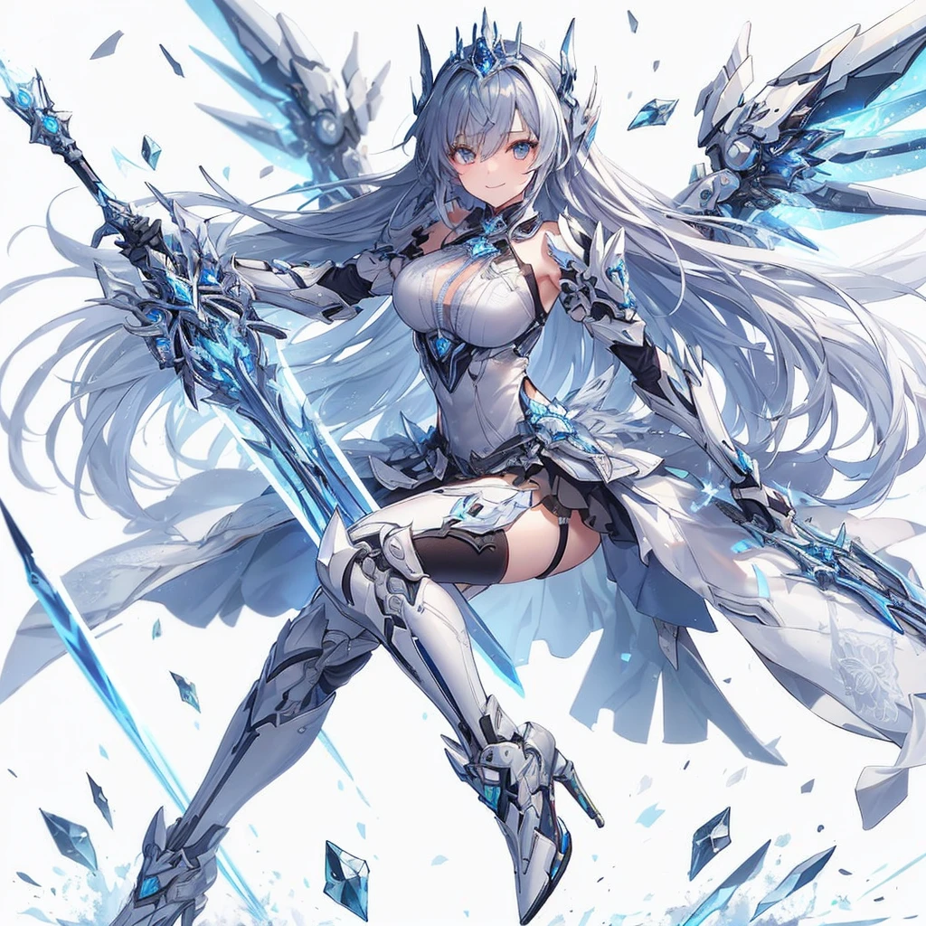 (On the table, best quality), Extremely detailed, Anime style, whole body赛博朋克骑士少女, Wearing white power armor, Blue and silver hair and black and silver eyes, Hold the Ice Sword, Flying diamond dust, Wear high heel boots, number, 8k high resolution, Trendy Art Station, White background, whole body, A sympathetic smile