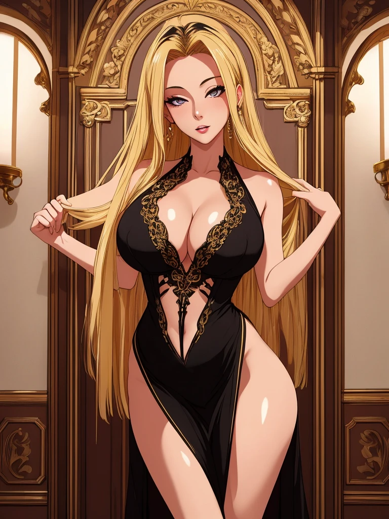 masterpiece, best quality, detailed face, detailed eyes, detailed lips, 1girl, blonde hair, long hair,large breasts, big ass, standing,elegant beautiful woman, nsfw, sexiest dress, lusty expressions, full body view, head to toe