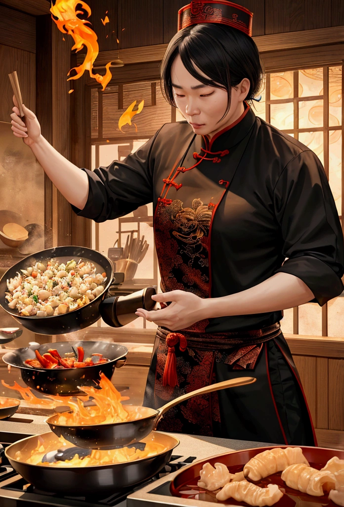 a photorealistic image of a traditional Chinese chef working with wok juggling the vegetable cook in a high flame flares, iconic cooking stance, super detailed, intricate, hyper realistic, best quality wallpaper, epic scene, working kitchen scenery, hell kitchen scene, UHD, 8k