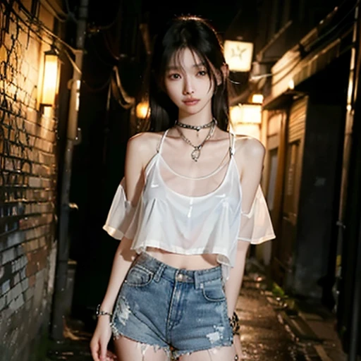 A photorealistic, UHD, ultrealistic, photo skinny, slender asian woman with a chain choker around her neck and a translucent white shirt, korean women's fashion model, shackled with chains, wearing shorts, standing in a dark alley on a damp humid summer night