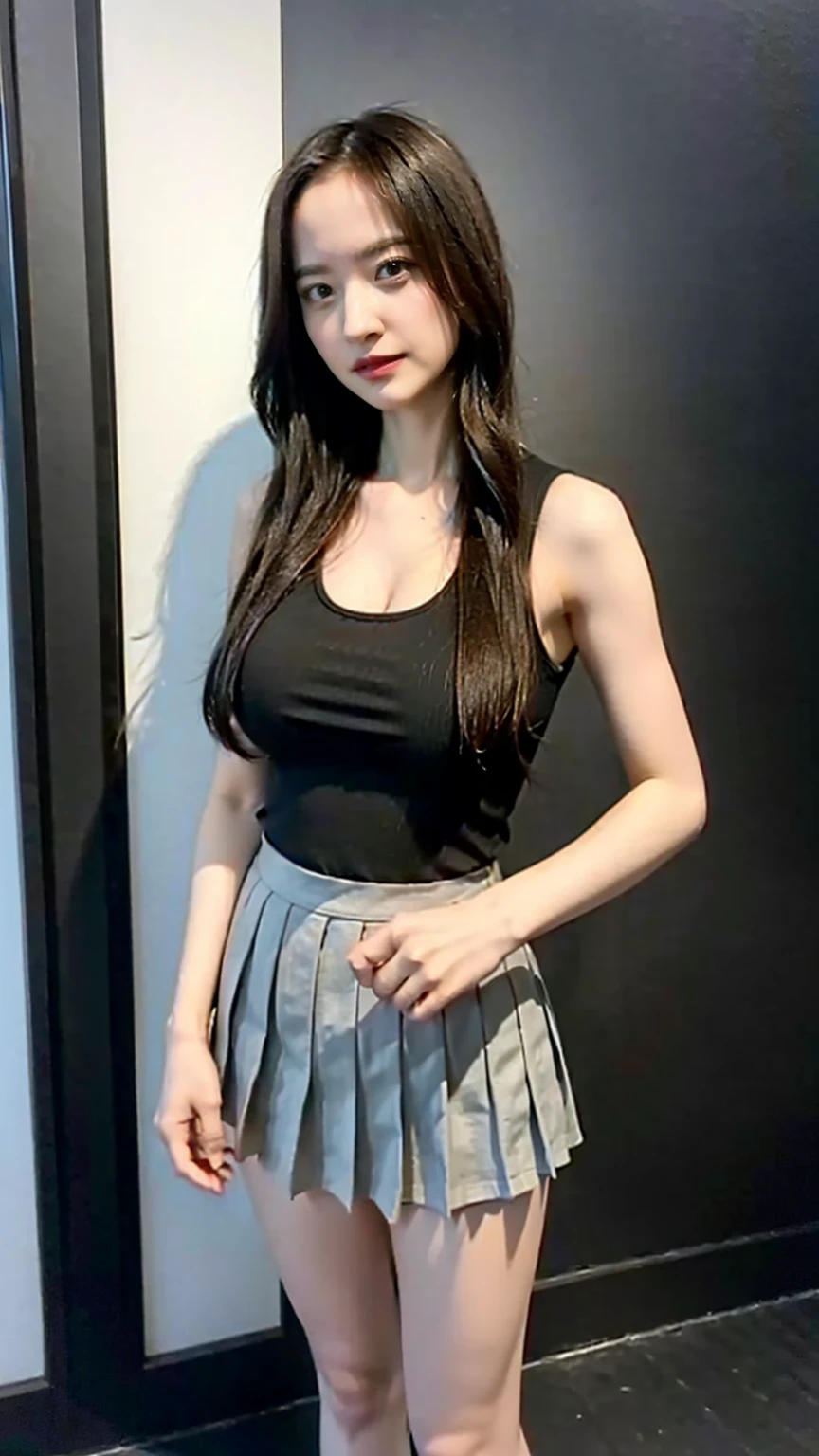 1girl, woman, masterpiece, best quality, highest quality, cinematic lighting, (volumetric lighting), extremely detailed CG unity 8k wallpaper, focused, 8k wallpaper, extremely detailed, ultra realistic, photorealistic, sharp focus, absurdres, (HDR:1.2), (high contrast), photograph, detailed and intricate, instagram, portrait, highly detailed, digital painting, artstation, concept art, smooth, sharp focus, illustration, cinematic lighting, (natural big breast:1.2), knit tank top, black short skirt, eyes looking at the viewer, ((skinny)), (medium shot), (HQ skin:1.3), (Full body:1.6)