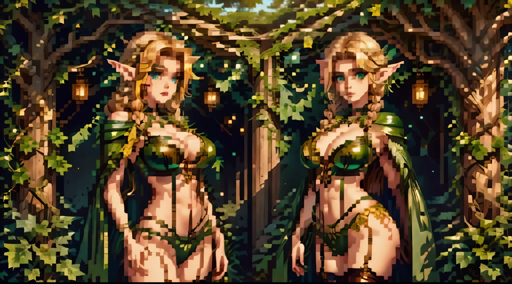 (masterpiece, best quality:1.2), 1girl, 8k, Full body view, standing, (detailed elf ear, Wood elf, 1 woman, elven featured face, seductive expression, massive bulging breast, beautiful green eyes, detailed eyes, braided blonde hair, thick hips, narrow shoulders, hourglass, thick blonde bush, camel toe, slingshot swimsuit), (leather green hooded cape, thin braided leather straps, gartered bustier and panty, elven designed outfit, gold laced ivy leaf pattern), (medieval setting, woodelf tree fort, ivy vines, oak forest, great oak background),