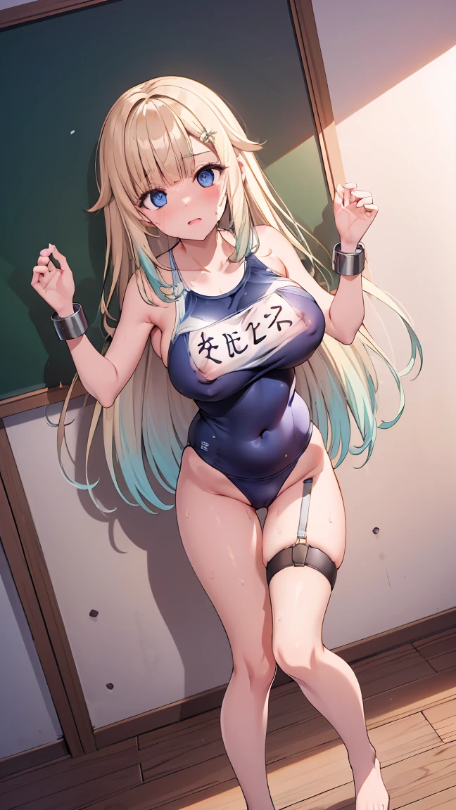 (Highest quality), (masterpiece), 1080P, High resolution, 4K, 8K, ((White school swimsuit)), Groin, restrained, shackles, Shooting from directly above, Sweat, string, To achieve this, ((~ side)), show your ~ side, Raise your arms, Are standing, Leg spread, Nipples, Large Breasts, whole body, Embarrassed face, , Blunt bangs, Long Hair, Garter Ring, stand, whole body, barefoot, hairpin