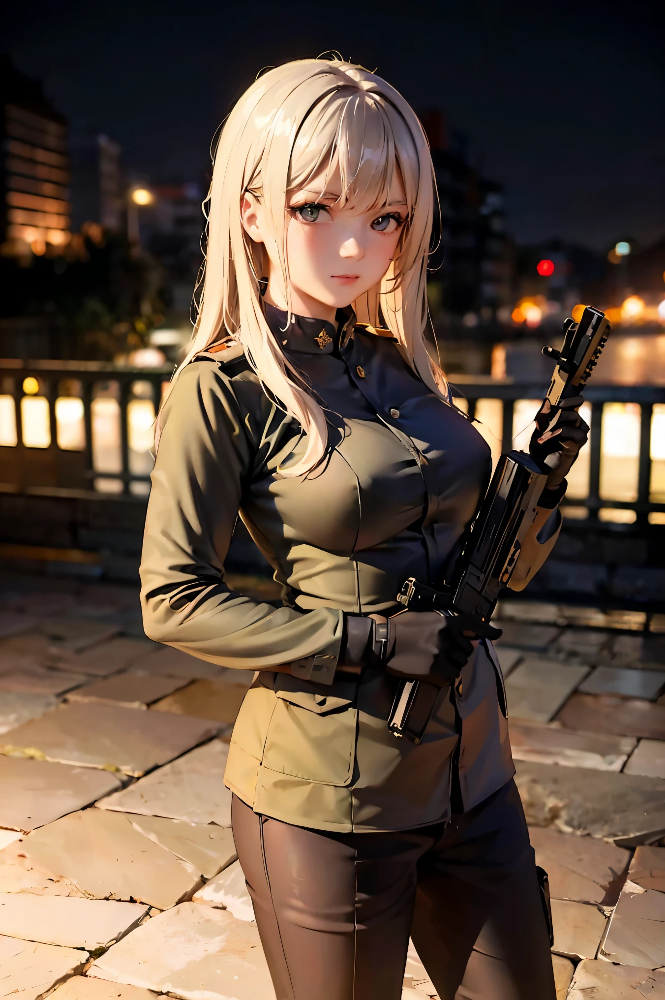 ((work of art, best qualityer, ultra detali, very fine 8KCG wallpapers)), 1 girl ,blonde, standing alone, breasts big, Militay, city center,natta, Military costume, beautiful breasts, perfect hands,ak-47, sensuous, russia