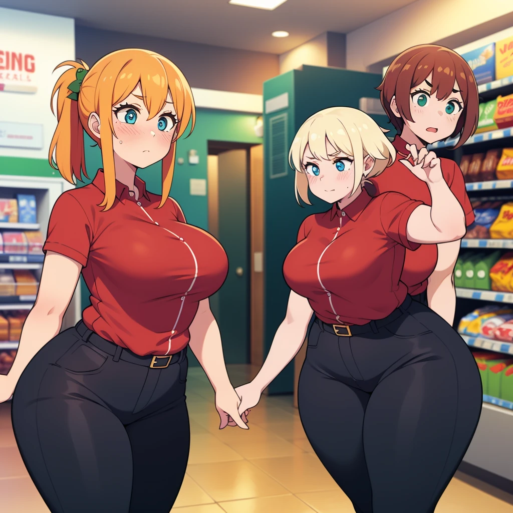 ((highres)), Masterpiece, high quality, best quality, beautiful, perfect lighting, detailed face, ultra cute face, ((2girls)), ((blush)), one girl has blonde hair, blue eyes, red shirt, black pants, work uniform, one girl has orange hair, green eyes, red shirt, black pants, work uniform ,tight clothes, super market, medium breasts, perky breasts, wide hips, (thick thighs), chubby, standing next to each other,