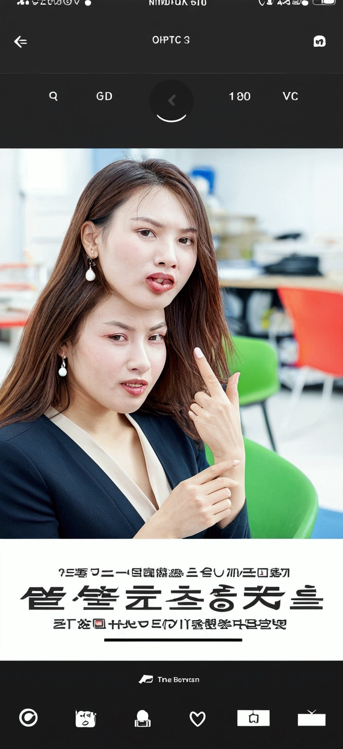 The pretty woman in the picture gives the middle finger in an obscene way. Her face is provocative, as if she is mocking us.