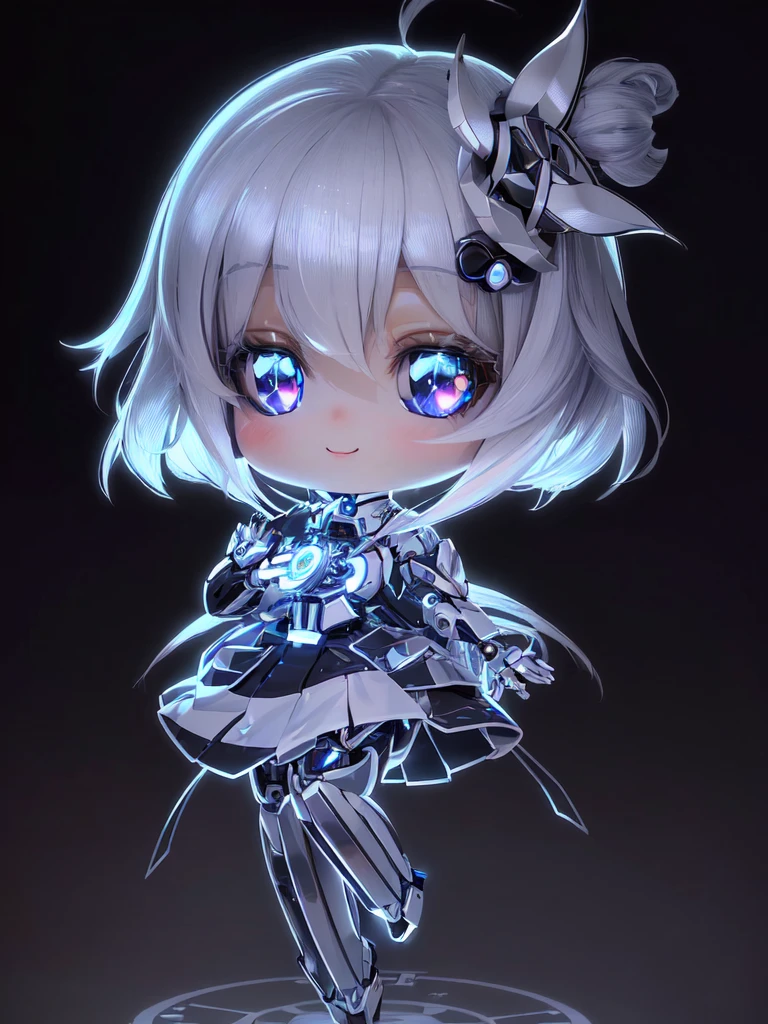 Super cute ai girl with sparkling eyes full body 3D image, 1, Nice eyes, big eyes, beautiful, happy, C4D, Long white hair, Kawaii, Humanoid, AIBionic Man，Silver lines，Metal patch，Mechanical accessories，Bionic Man，脸上Silver lines。