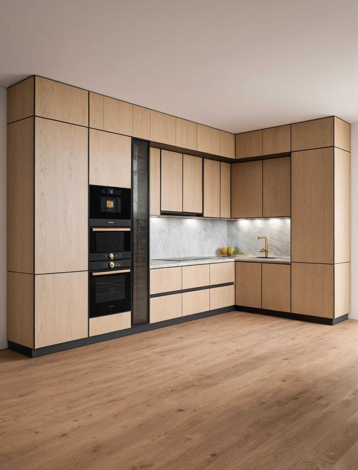 Raw photo,Masterpiece, high quality, best quality, authentic, super detail, interior , sunset, daylight, Kitchen Cabinets style modern, Induction cooker, sink, faucet, oven, built-in microwave, wooden floor, hood, wine cabinet, ((WOODEN tones))