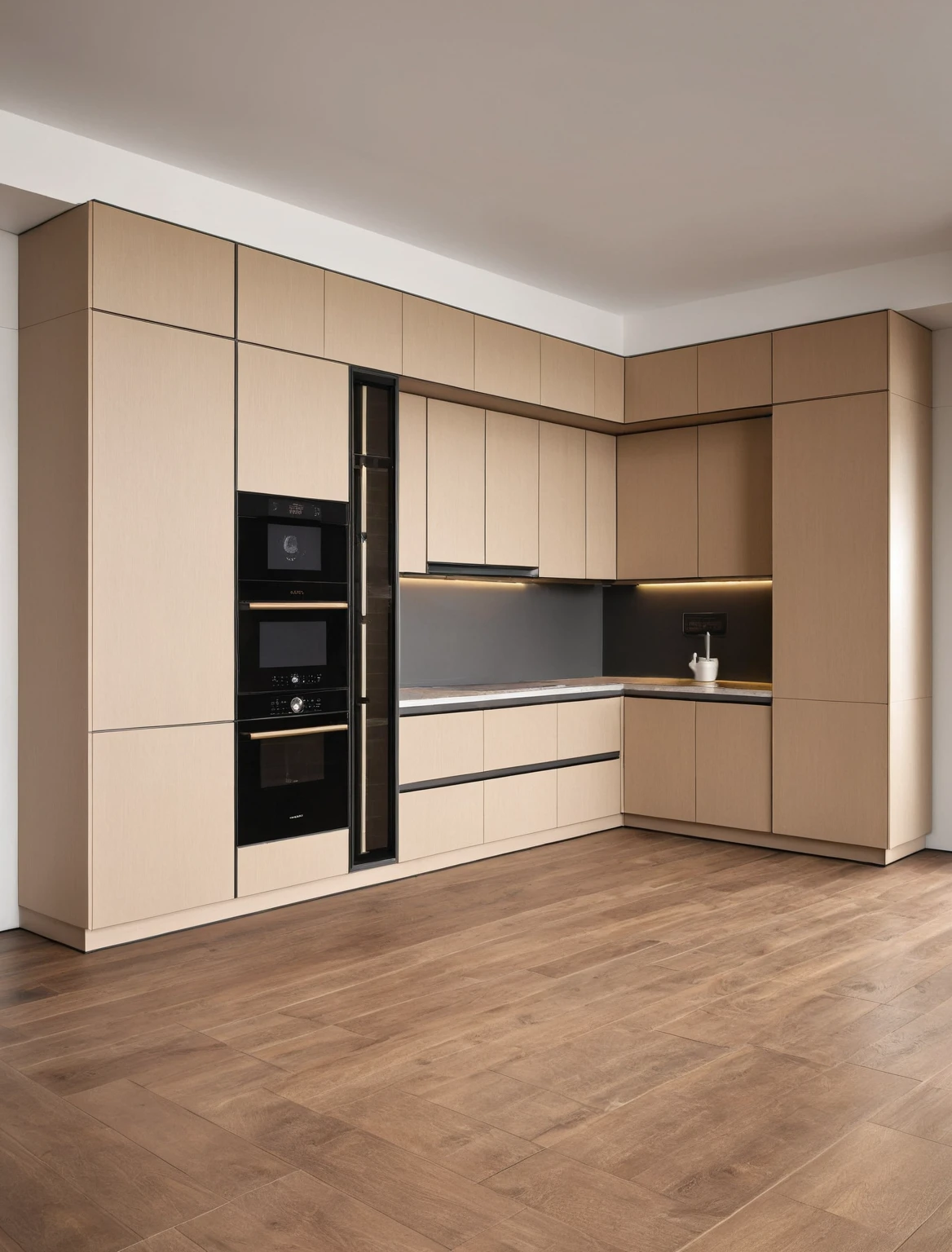 Raw photo,Masterpiece, high quality, best quality, authentic, super detail, interior , sunset, daylight, Kitchen Cabinets style modern, Induction cooker, sink, faucet, oven, built-in microwave, wooden floor, hood, wine cabinet, ((WOODEN tones))