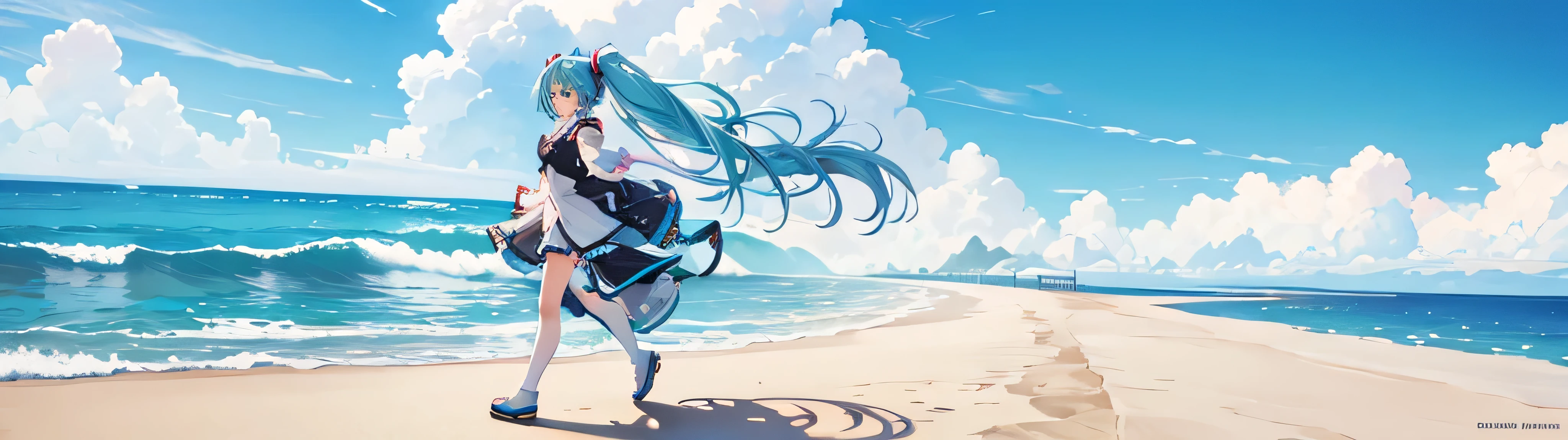 (Detailed facial depiction),Highest quality,Hatsune Miku,(Plump),Pink and blue super long twin tails,Blue clear sky,stroll,fullbody