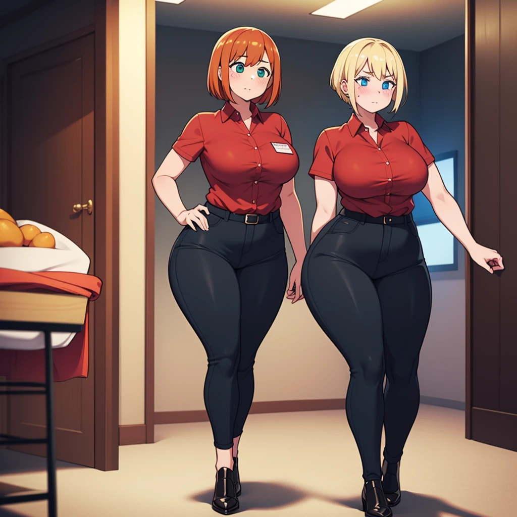 ((highres)), Masterpiece, high quality, best quality, beautiful, perfect lighting, detailed face, ultra cute face, ((2girls)), ((blush)), one girl has blonde hair, blue eyes, red shirt, black pants, work uniform, one girl has orange hair, green eyes, red shirt, black pants, work uniform ,tight clothes, super market, medium breasts, perky breasts, wide hips, (thick thighs), chubby, standing next to each other,