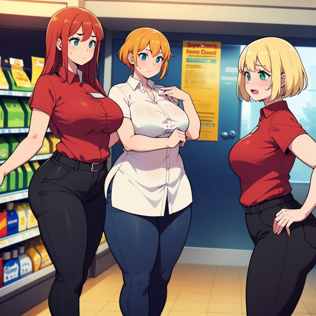 ((highres)), Masterpiece, high quality, best quality, beautiful, perfect lighting, detailed face, ultra cute face, ((2girls)), ((blush)), one girl has blonde hair, blue eyes, red shirt, black pants, work uniform, one girl has orange hair, green eyes, red shirt, black pants, work uniform ,tight clothes, super market, medium breasts, perky breasts, wide hips, (thick thighs), chubby, standing next to each other,