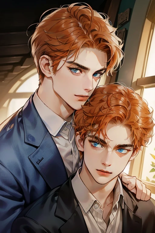 masterpiece, best quality, realistic, 1man, mature male, quiet and charming young man, 35 year old, serious look, closed mouth, portrait, extremely detailed face, cold smile, expression smilein love, ((blue eyes)), ((short-right-swept  orange hair)), [thick eyebrows], ((suit)), handsome, full body, western, Jewish, light brown skin,