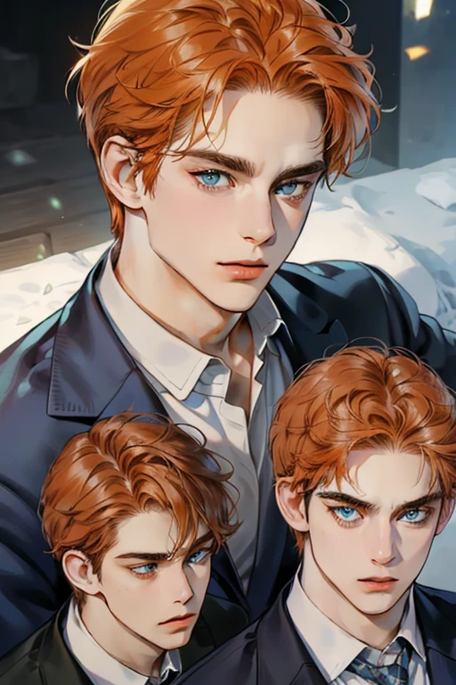 masterpiece, best quality, realistic, 1man, mature male, quiet and charming young man, 35 year old, serious look, closed mouth, portrait, extremely detailed face, cold smile, expression smilein love, ((blue eyes)), ((short-right-swept  orange hair)), [thick eyebrows], ((suit)), handsome, full body, western, Jewish, light brown skin,