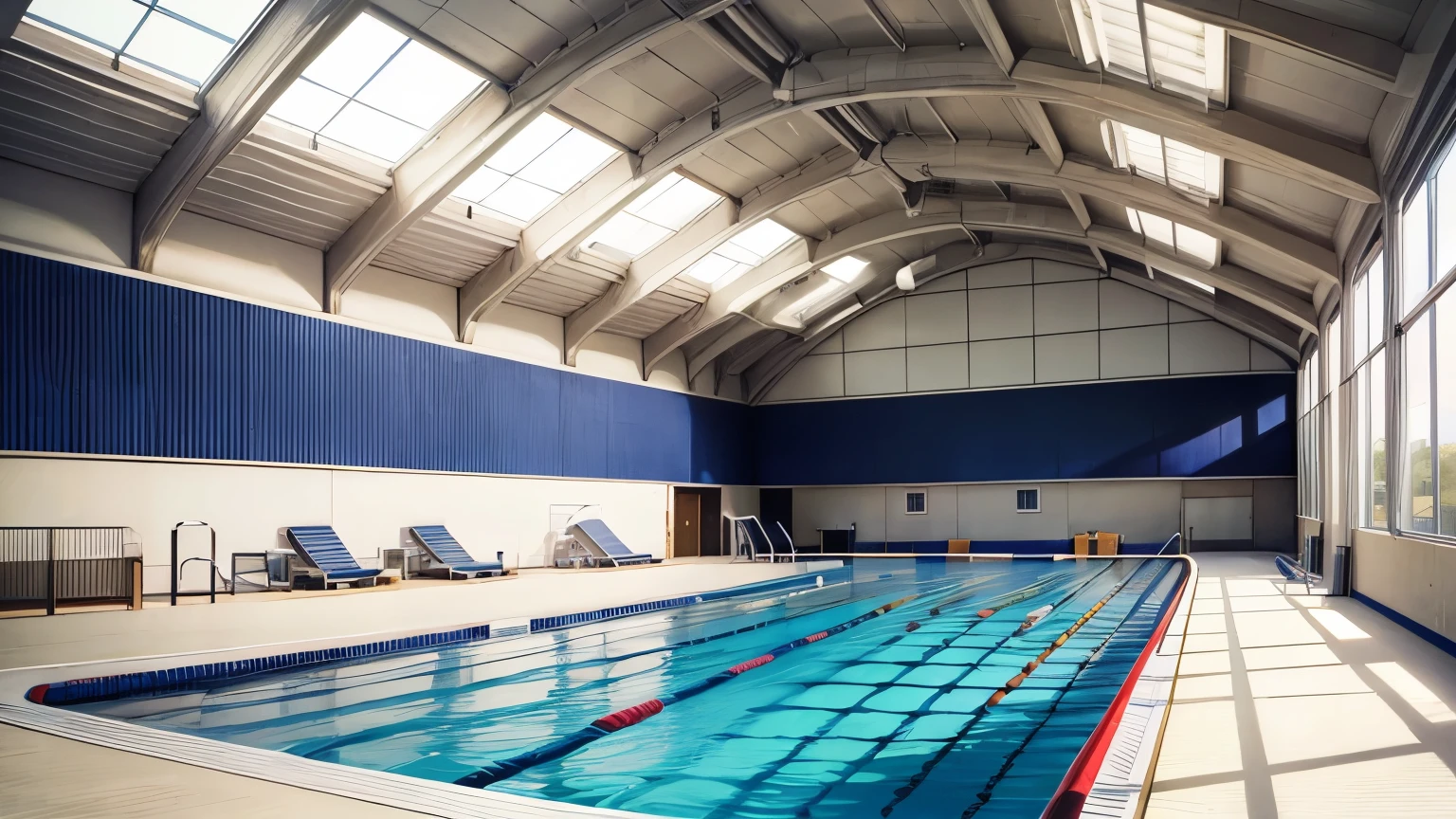 absurdres, highres, masterpiece, bestquality, anime, illustration, background, indoors school pool (large pool, america, gym, simple, plain, cheap, school, white ceiling)